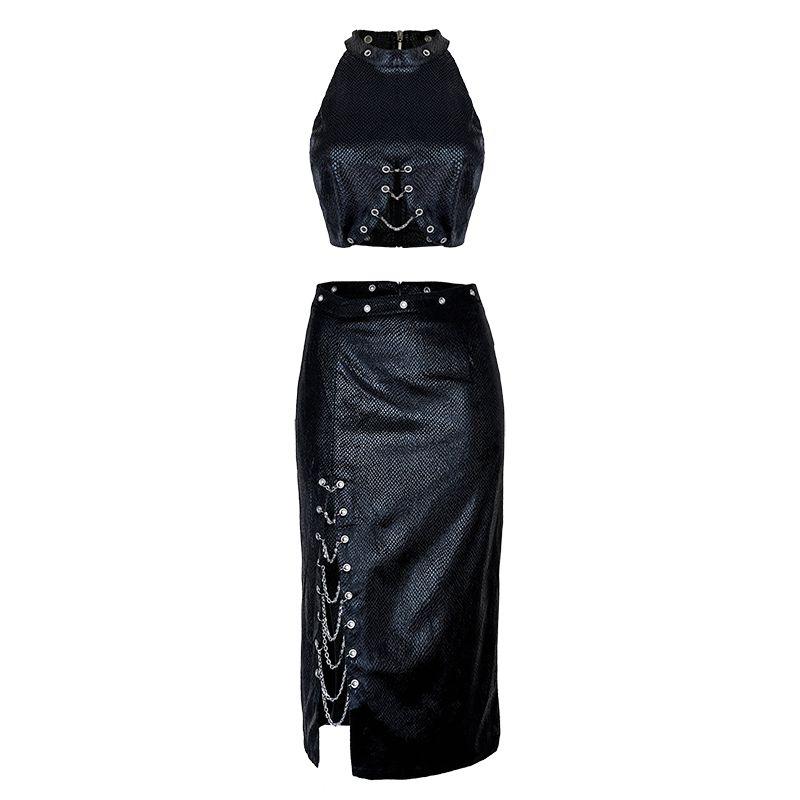 

Original European and American-Style Chain Long Dress Textured Top Black S