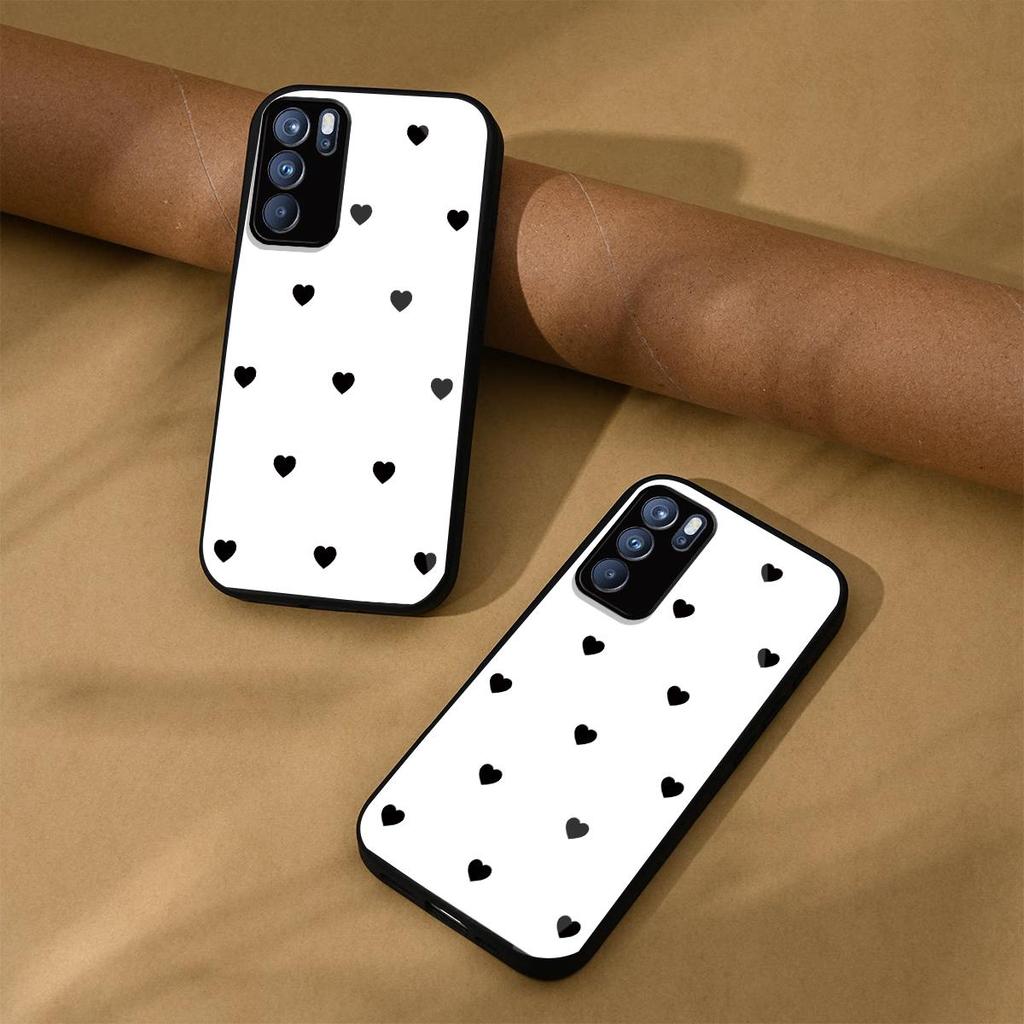 Black Heart Pattern Phone Case for OPPO Reno6 5G Acrylic Back TPU Bumper Shockproof Protective Cover, Minimalist Korean Style