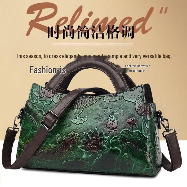 2025 Retro Glücksfischmuster Chinesische Handtasche - Großes Fassungsvermögen, Texturiert, Lässige Damentasche