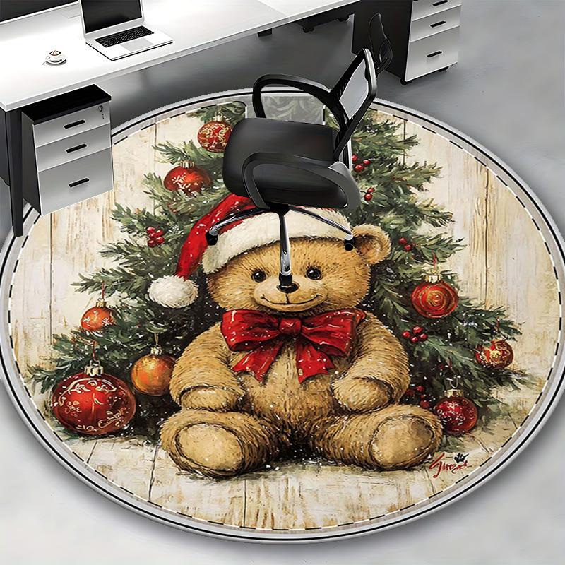 1pc Christmas Teddy Bear Santa Hat Chair Mat - Anime Cartoon Design, Non-Slip Carpet for Office Chair, Home Decor, Living Room, Bedroom, Game Room, Do