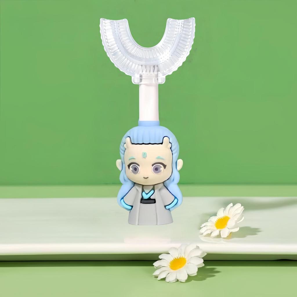 Kids' U-shaped Toothbrush with Soft Bristle Silicone Head - Cartoon Nezha and Ao Bing Design for Ages 1-12