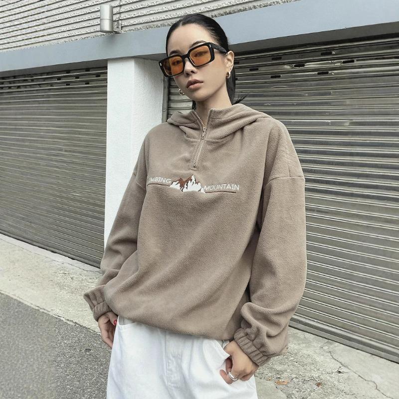 

Женская плюшевая толстовка с капюшоном на молнии с вышивкой, свободная толстовка с капюшоном Rocker S хаки