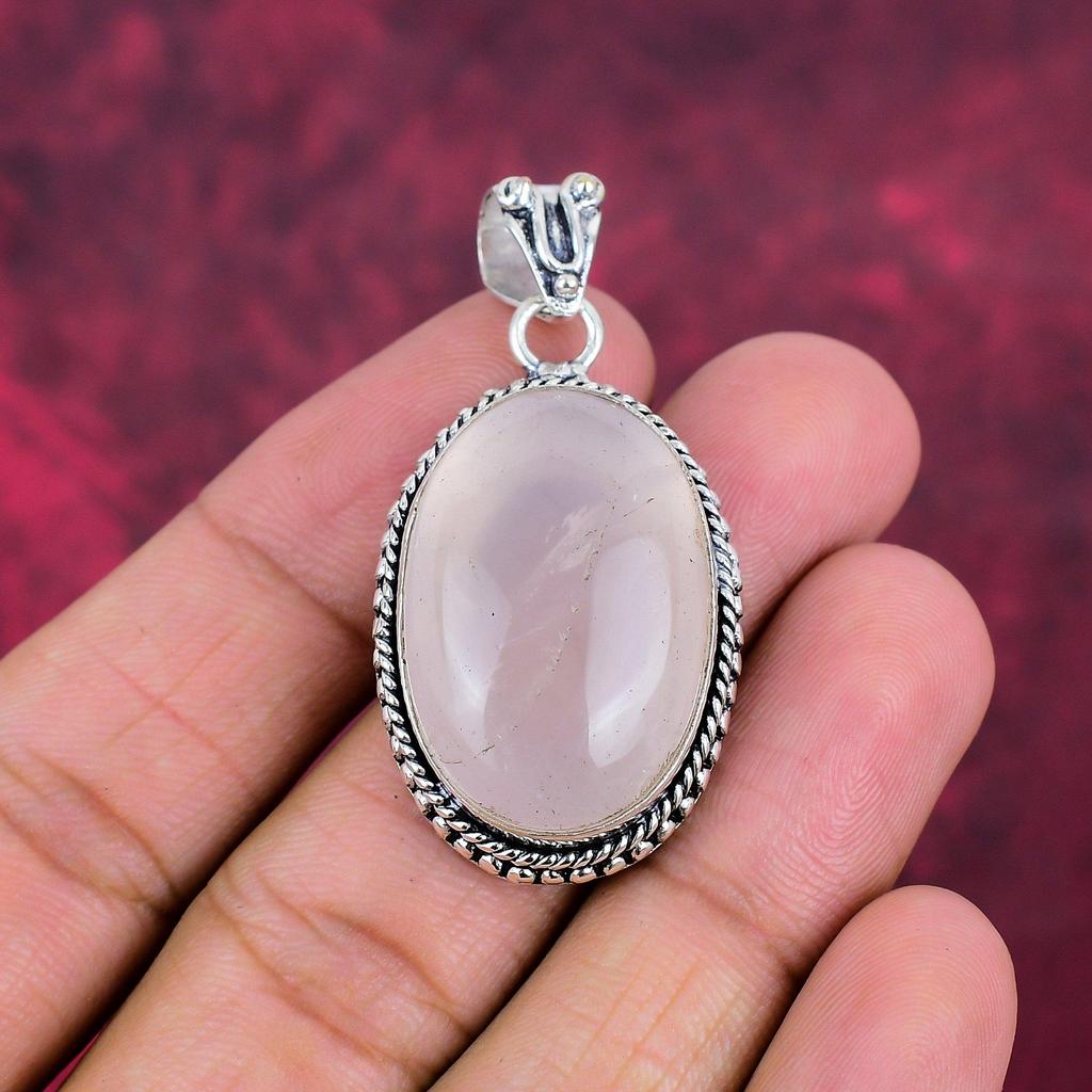 Wisiorek z różowego kwarcu, ręcznie robiony, najnowszy projekt biżuterii, 925 solidny wisiorek z kamieniem szlachetnym, prezent dla matki