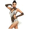 Women Latin Dance Leopard Bodysuit Matching Oversleeve Tassel Detail Front Keyhole Backless Hollow Out Waist Buttoned Crotch Leotard for Tango Cha Cha