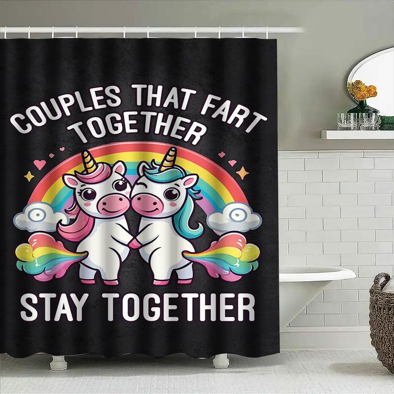 Adorable Unicorn Shower Curtain Set Funny Bathroom Decor For Couples Who Love Farting Together Stay Together Easy Installation H
