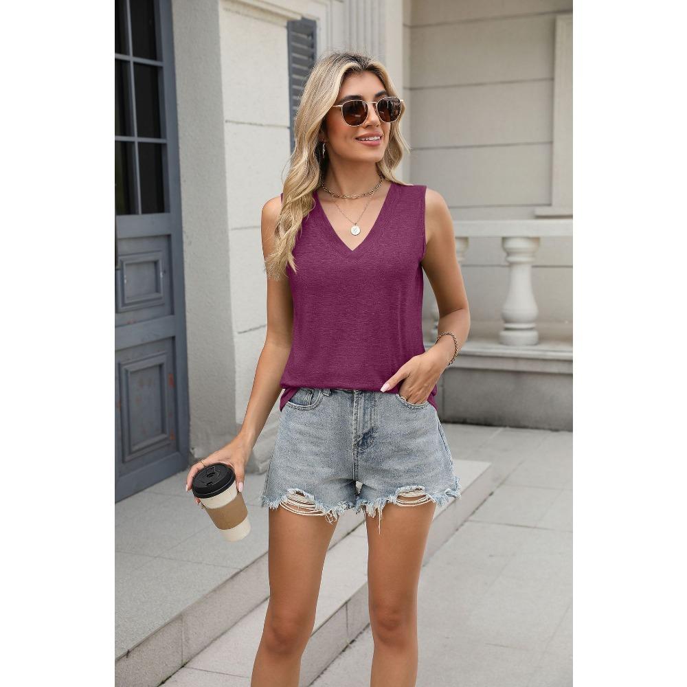 New Summer Solid Color V-neck Loose Sleeveless Casual T-shirt Comfortable and Versatile Vest Top