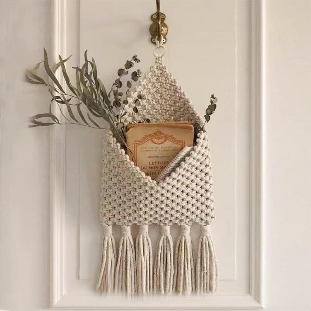 Macrame Mail Organizer Wall Mounted, Handmade Hanging Woven Basket for Boho Home Office Decor, Over the Door Key Letter Envelope File Holder for