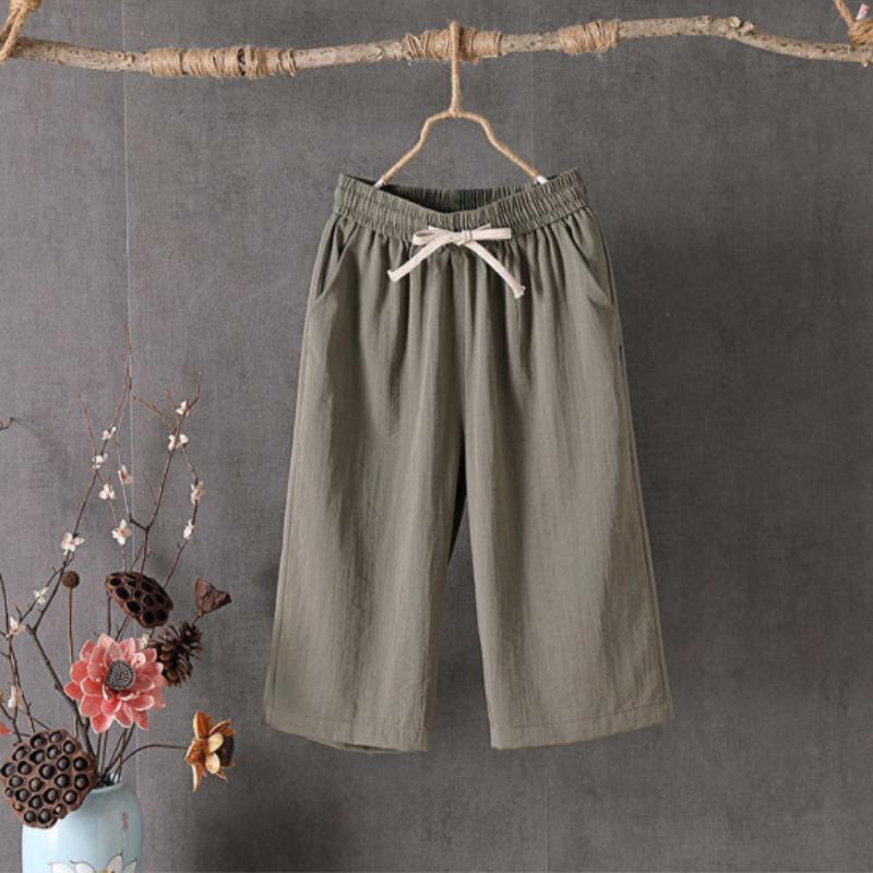

Бавовняні та лляні штани для жінок на літо, тонкі лляні повсякденні шорти середньої довжини шість дюймів, вільні та такі, що стрункішать, оверсайз штани з широкими штанинами сім дюймів L зелений