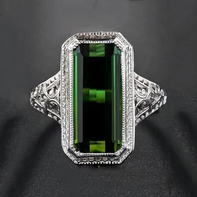 Vintage Silver Color Metal Carving Rings Fashion Long Square Inlaid Green Zircon Wedding Engagement Party Rings for Women