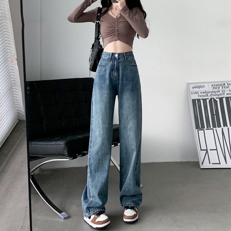 Korean-Style High-Waisted Wide-Leg Jeans for Women - Autumn/Winter, Loose Fit, Plus Size, Floor-Length Trousers