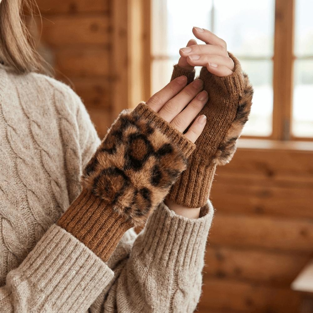 Short Style Fingerless Gloves Warm Leopard Print Gloves New Half-Finger Gloves  Daily Wear