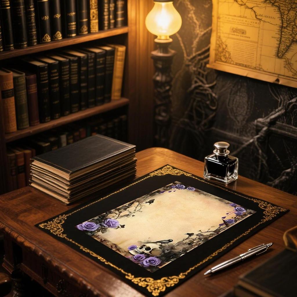 Whaline 60 Sheet Halloween Stationery Paper 4 Gothic Style Border Letterhead Vintage Skull Rose Castle Writing Paper for Invitation Office Printing,