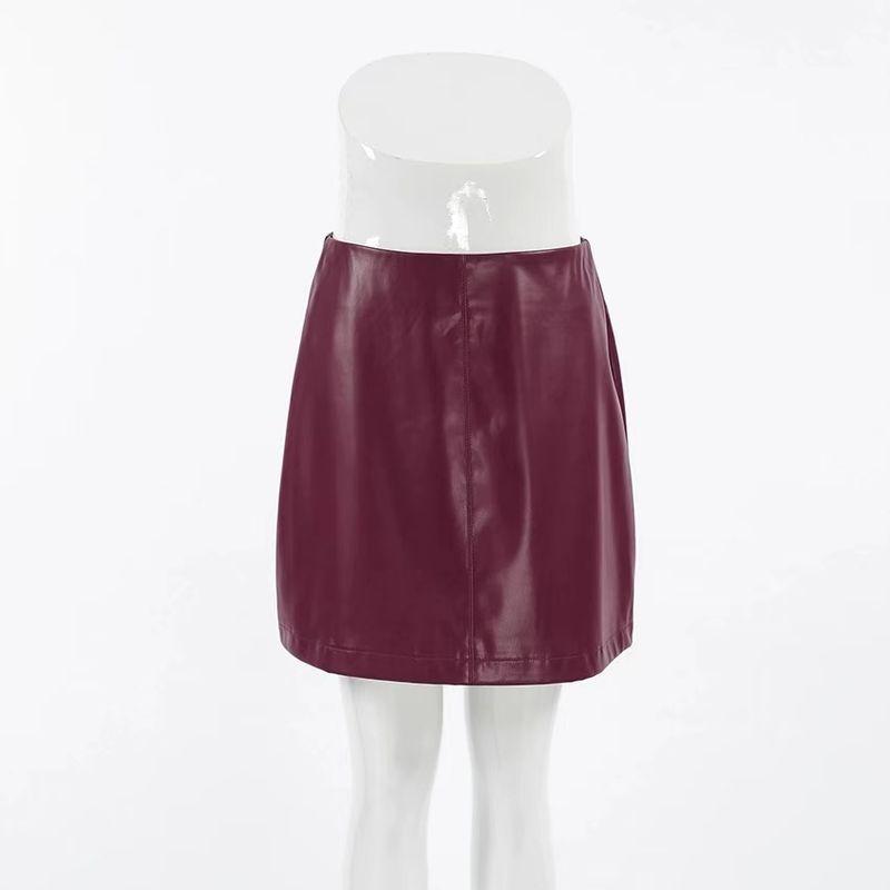 

Fashion Vintage Fleece-Lined Matte PU Leather Skirt High Waist Skirt Wine Red PU Leather Skirt Burgundy S