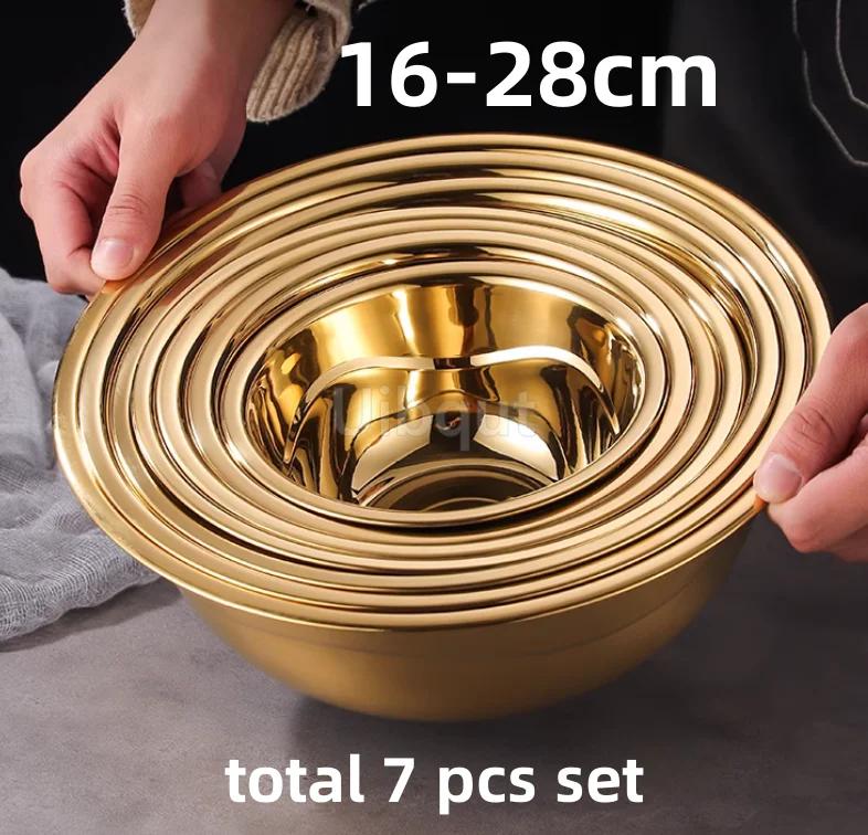 Round Stainless Steel Thick Basin Tureen Kitchen Bath Household Vegetable Wash Gold Golden Mixing Bowl Mixed Salad Big Soup Bowl