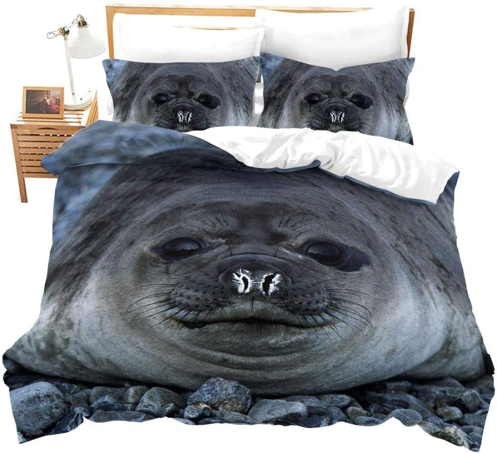 3D Sea Lion Duvet Cover King/Queen Size,Cute Cartoon Sea Lion Sleeping Print Bedding Set for Kids Boys,ocean Animals Quilt Cover