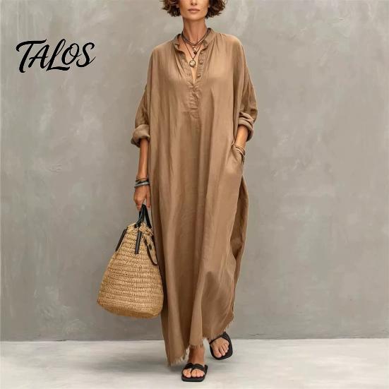 Beach Dress for Women Summer Maxi Women, V-Neck Casual Oversized Boho Long Elegant Dress, Sleeve Button Up Vacation Sundress with Pockets Lightweight