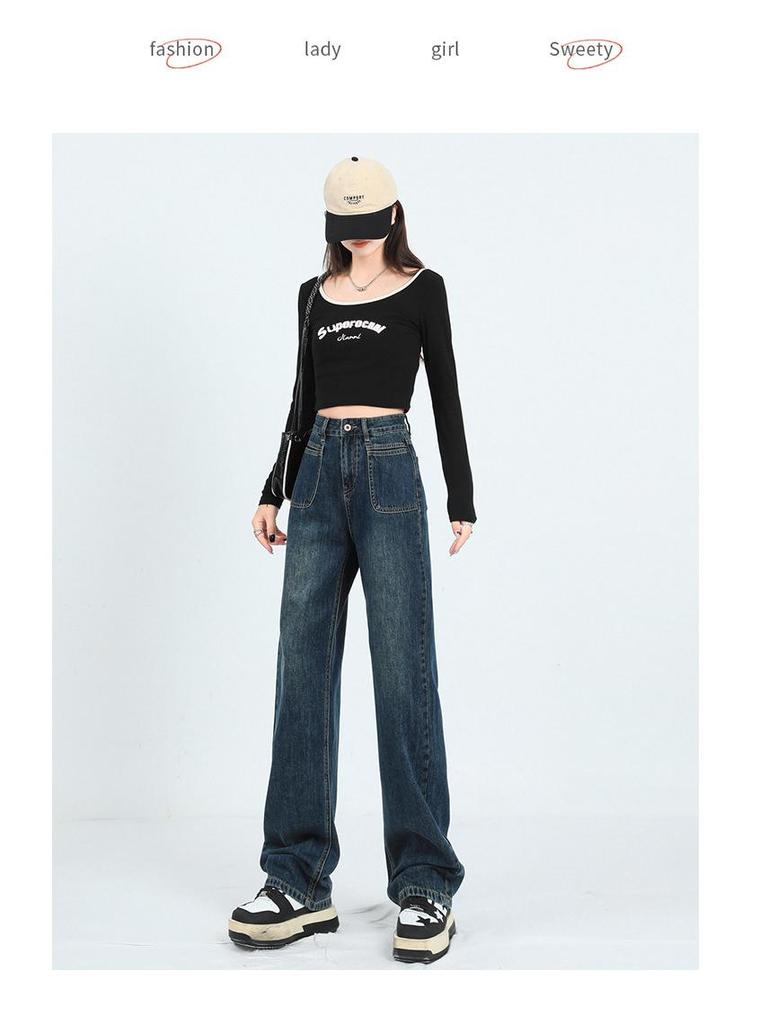 American Style High-Waist Loose Velvet Denim Pants for Women - Thickened, Floor-Length, Pear-Shaped, Fashionable Wide-Leg Design