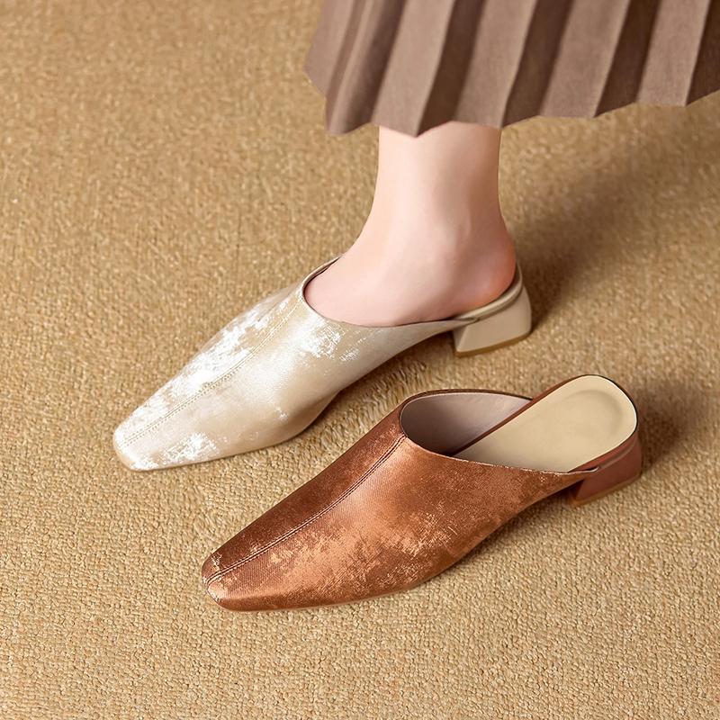 Fashion Women's New Spring and Summer Square Head Leather Retro Cow Leather Large Size Simple and Comfortable Baotou Muller Slippers