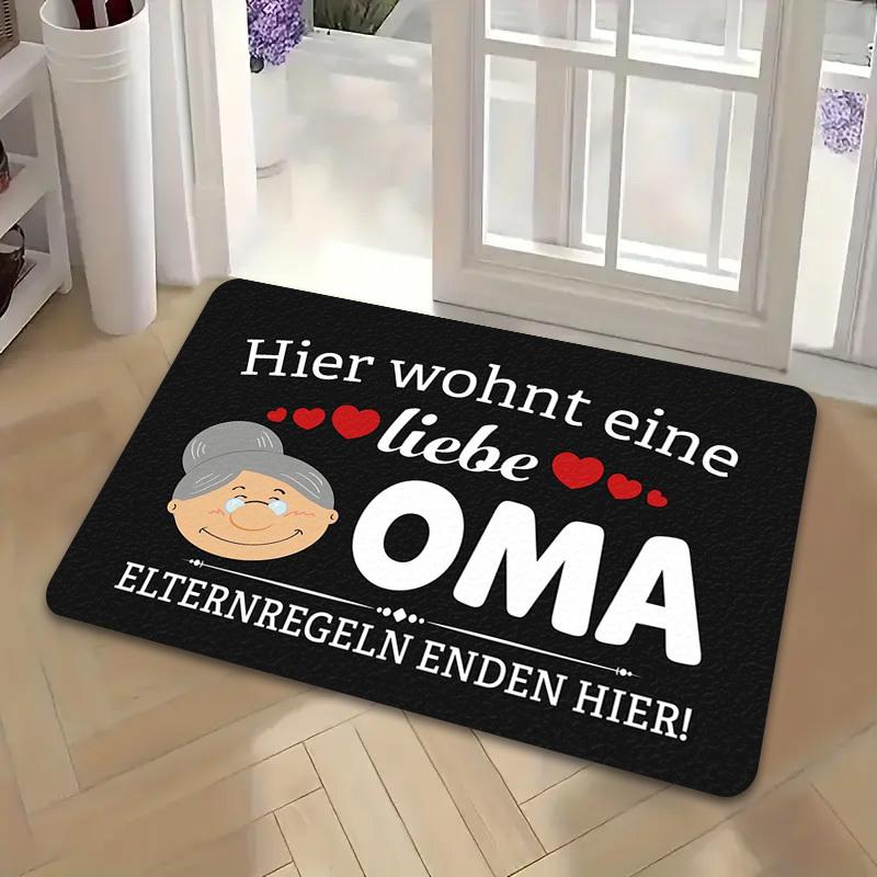 German Oma Welcome Mat - "Here Lives a Loving Grandma" Black Humorous Doormat with Hearts, Machine Washable Flannel Entrance Rug