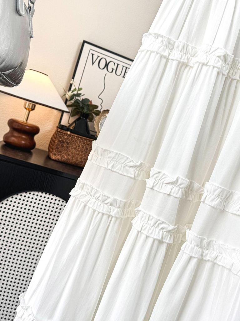 Women's Romantic French Ruffle Hem Layered Midi Skirt - Spring/Summer 2026 Collection, Princess White  