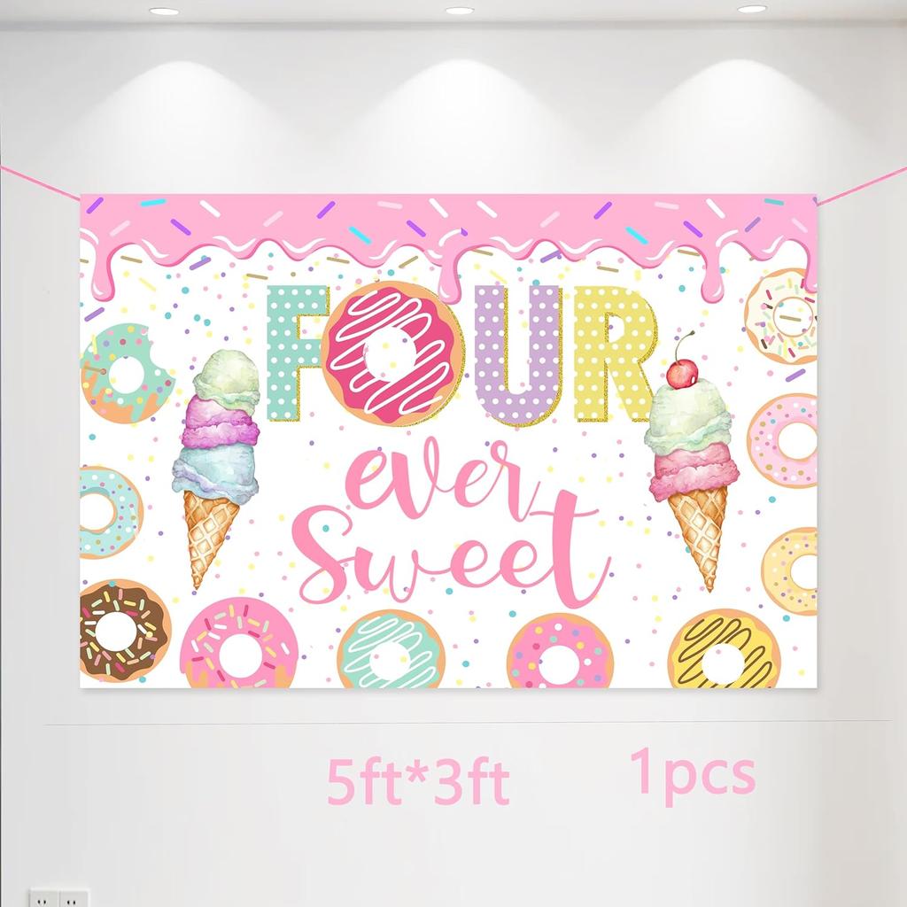 BEOXAGAR Donut 4th Birthday Party Banner, Pink, Standard Banner, Wall Mount, Celebrating Birthday, Indoor, Fruits Theme