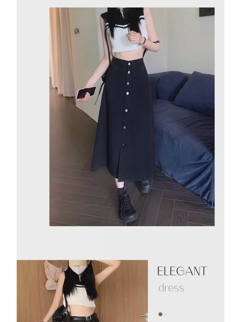 2024 Summer Black High-Waist Denim A-Line Skirt for Women - Available In Large & Small Sizes
