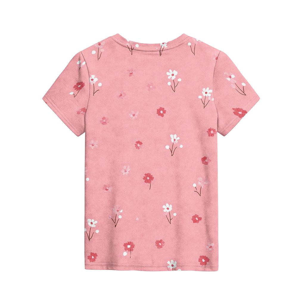 Top Casual Fashion Soltinho com Estampa Floral Fofa, Gola Redonda e Manga Curta para Crianças