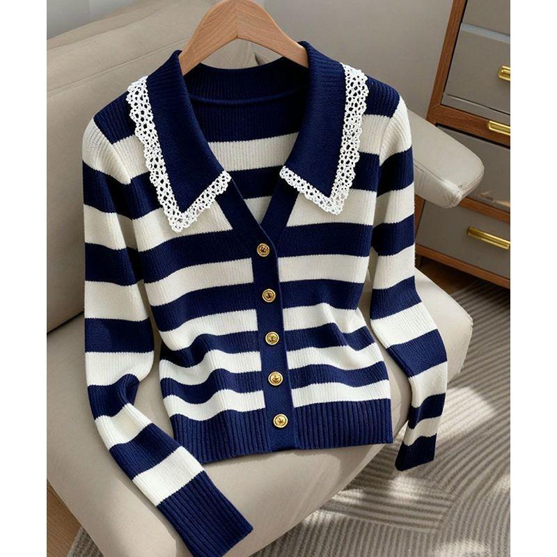 Women's Clothing Elegant Fashion lace Striped Knit Cardigan Autumn Winter New Sweet All-match V-neck Sweaters Lady Long Sleeve Tops