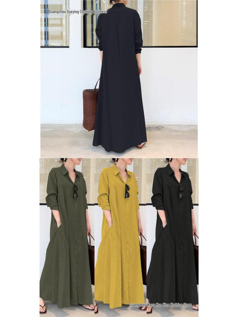 2026 European Cotton Linen Long Sleeve Lapel Shirt Dress with Patch Pocket – Casual, Loose Fit
