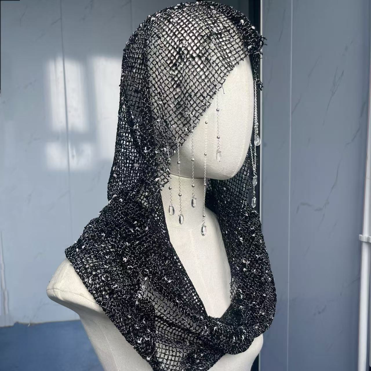 Hollow Out Mesh Rhinestone Tassel Vintage Head Scarf Man Woman Gothic Retro Punk Scarf Headwear Accessories чёрный