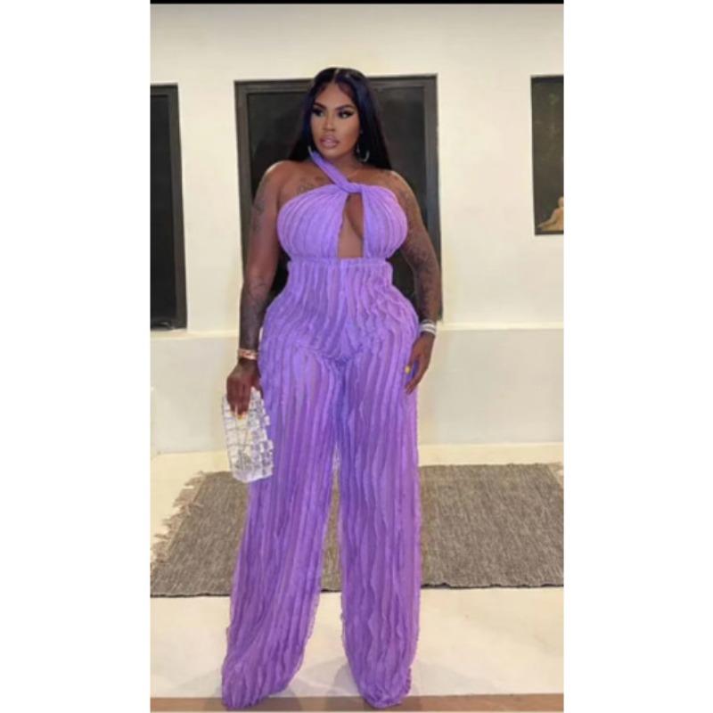 Backless Pleated Sexy Jumpsuit Women Rompers Halter Neck Sleeveless V Neck Women Bodysuits Loose Backless High Waist Playsuits Outfits Clothes 857