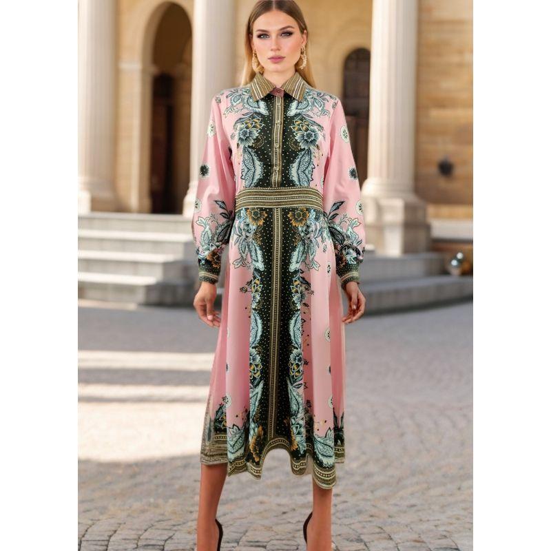 

Модный стиль Новая мода Длинный рукав Принт Лацкан Платье-рубашка Приталенное по талии Стройнящее Женское Свободное Повседневное платье Мода Pink S