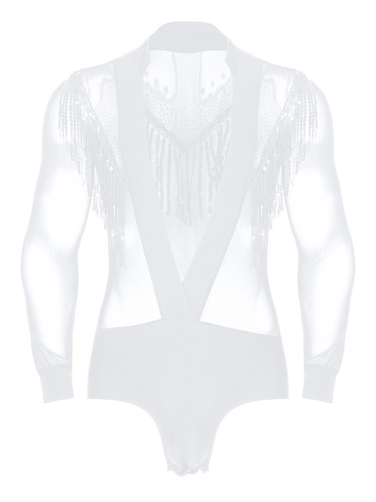 Mens Salsa Dance Leotard Deep V Neckline Sheer Mesh Inserts Sequined Tassel Details Rhinestone Bodysuit