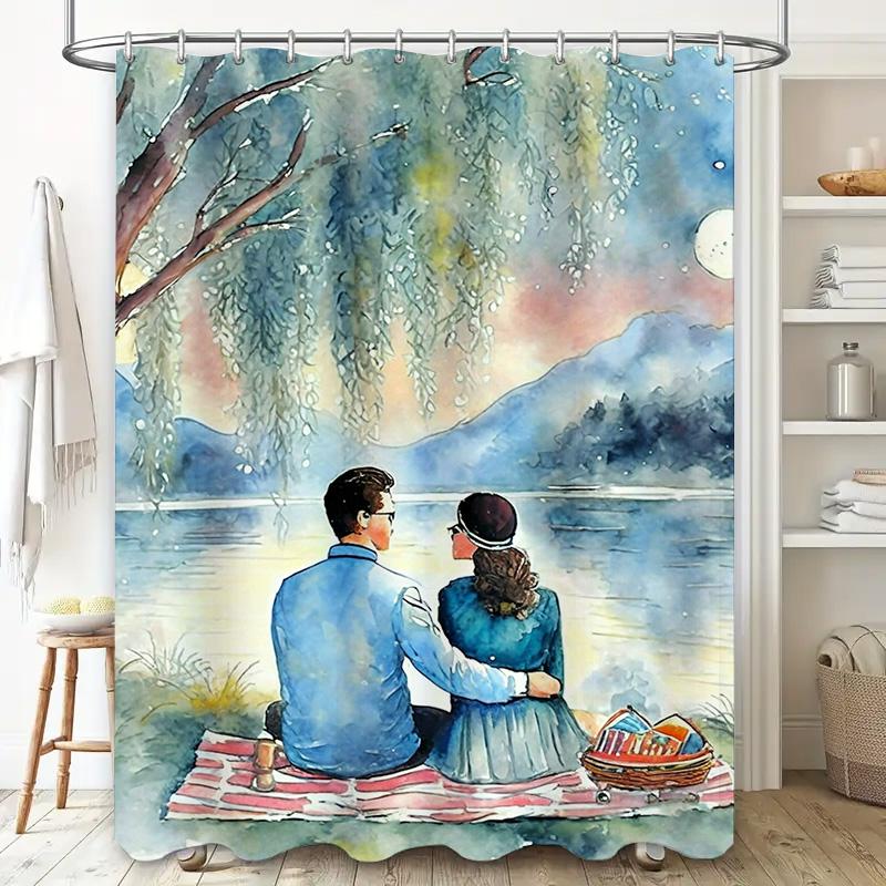 Romantic Couple By The Lake Waterproof Shower Curtain