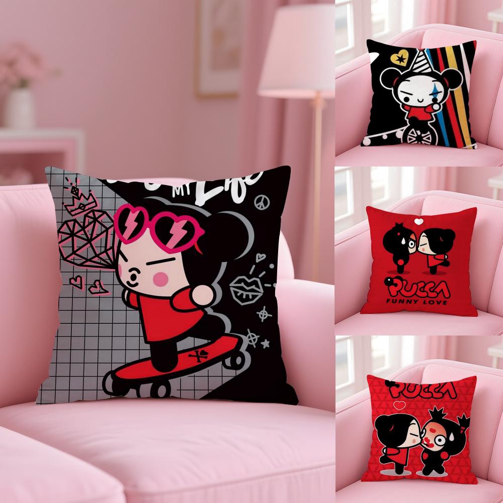 Kawaii P-Pucca Anime Cushion Cover Plush Fabric Soft Double-Sided Printed Sofa Pillow Case Colorfast Home Decor Gift