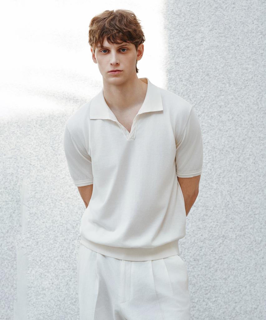 Jeilium Cotton Summer Essential Cable Polo Neck Ivory (Dry Touch)