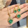 Vintage Light Luxury Full Diamond Fat Triangular Red Diamond Pendant Set, Advanced Sense Paraiba Lake Water Green Earrings Ring For Women