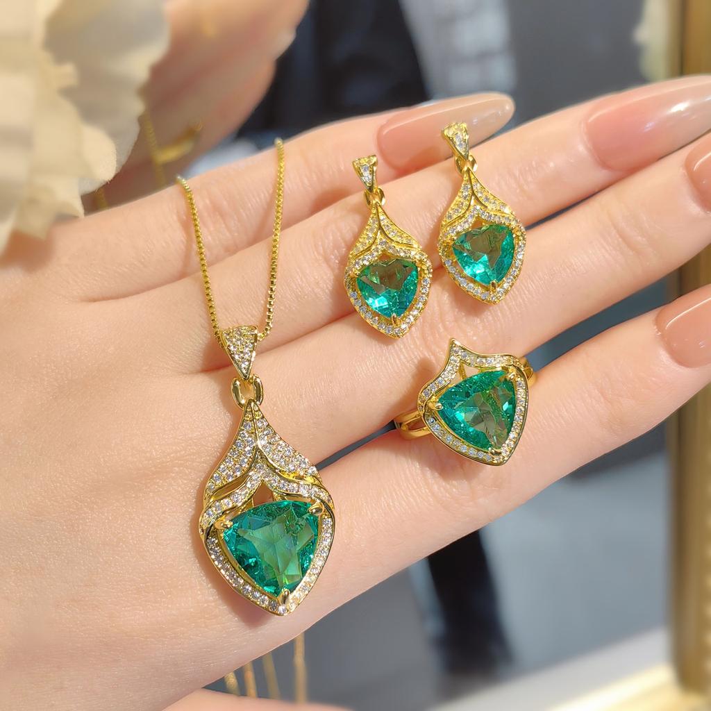 Vintage Light Luxury Full Diamond Fat Triangular Red Diamond Pendant Set, Advanced Sense Paraiba Lake Water Green Earrings Ring For Women