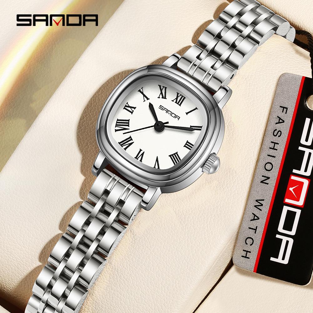 SANDA Women Quartz Watch Fashion Elegant Rose Gold Simple Roman Analog Display Stainless Steel Strap Wristwatch for Ladies