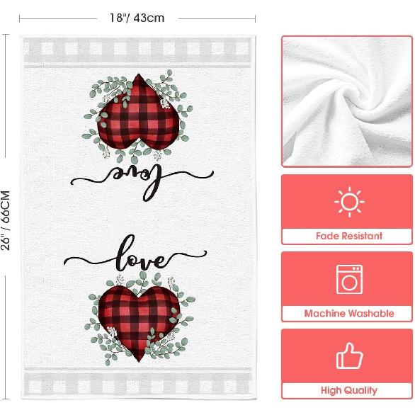 Artoid Mode Red Buffalo Plaid Heart Love Valentine's Kitchen Towels Dish Towels, 18x26 Inch Anniversary Wedding Decoration Hand Towels Set of 2