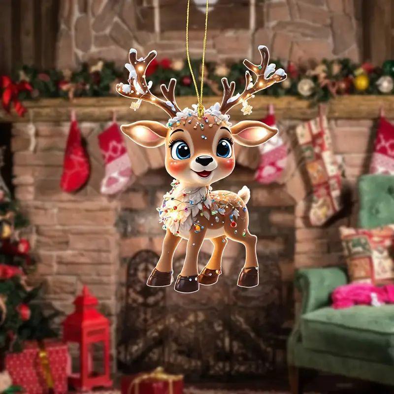 Christmas New Elk Christmas Tree Decoration Acrylic Flat 2D Car Rearview Mirror Pendant Home Pendant