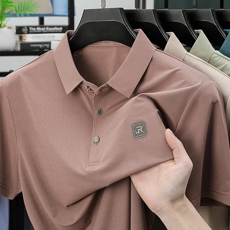 New Men's Business Casual Short Sleeved Shirt with Badge Solid Color Polo Shirt Fashionable Breathable Comfortable Versatile Top