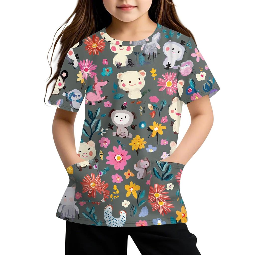 Children's Short Sleeve Pocket Tops Casual  Print T Shirt Round Neck Pullover Blouse