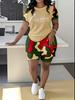 1116 new casual sports style digital printing shoulder sleeve T-shirt high waist tight shorts fashion suit women