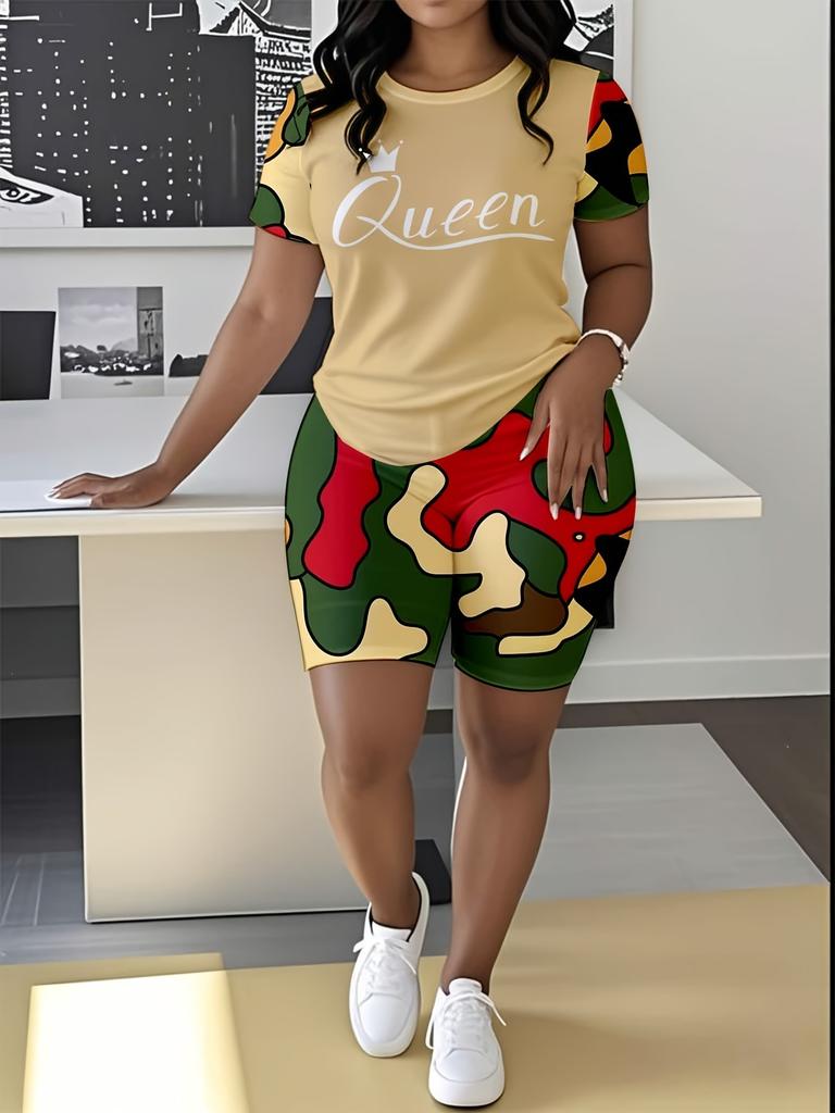 1116 new casual sports style digital printing shoulder sleeve T-shirt high waist tight shorts fashion suit women