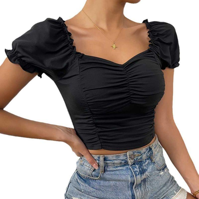 Square Necked Bubble Sleeve Top French style Square Shirt Women Sexy Low Cut Waist Hugging Top