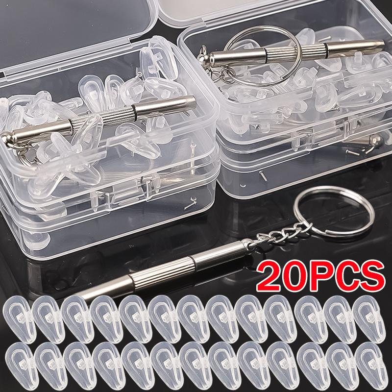 20sets Silicone Nose Pads for Glasses with Screwdriver Soft Air Chamber Eyeglasses Anti-slip Nose Pad Screw Replace Repair Tools