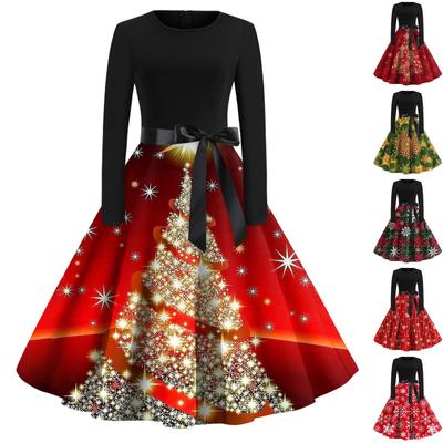 Christmas Print Flare Dress For Women Round Neck Long Sleeve Dress Casual Dresses