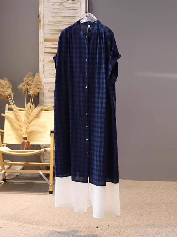 Plaid round neck splicing cotton and linen dress women's 2025 summer new casual loose style short-sleeved medium and long dress
