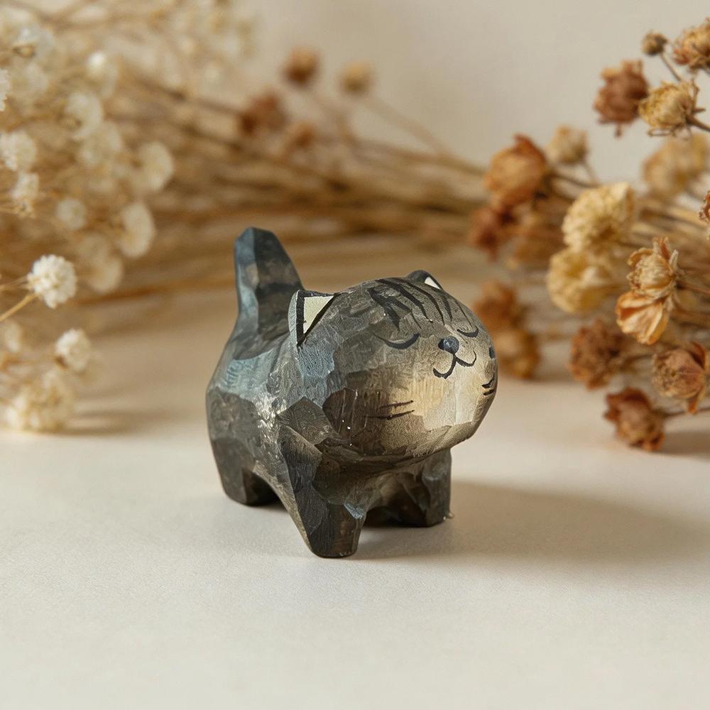 Cute Cat Animals Figurine Decorative Wooden Ornament Miniature Kitten Coffee Home Bedroom Office Desk Decoration Gift Statue